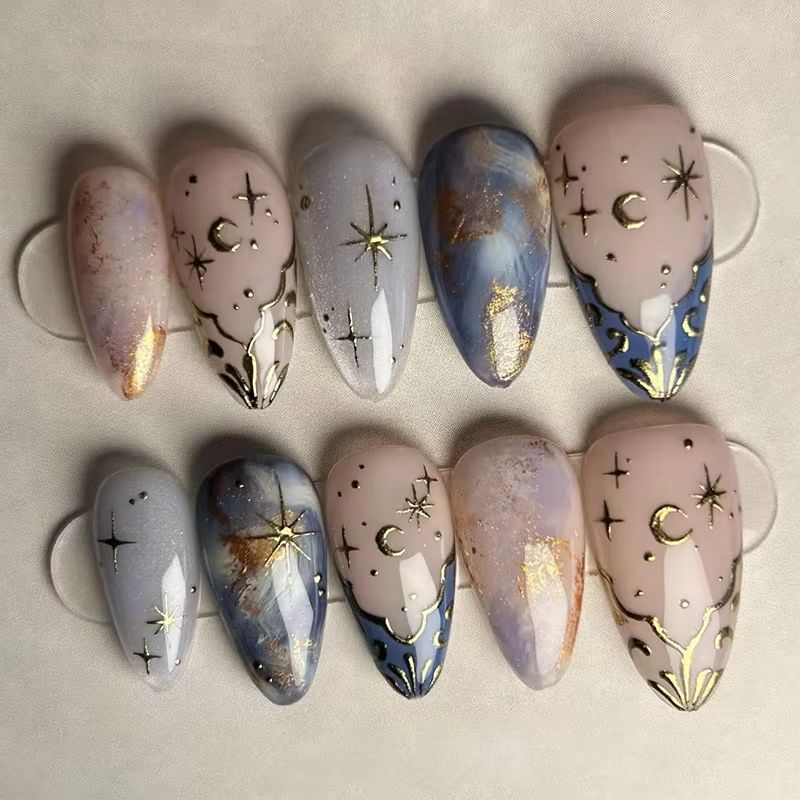 Nail Art Gliter - 24Pcs Short Almond Nails Set Full