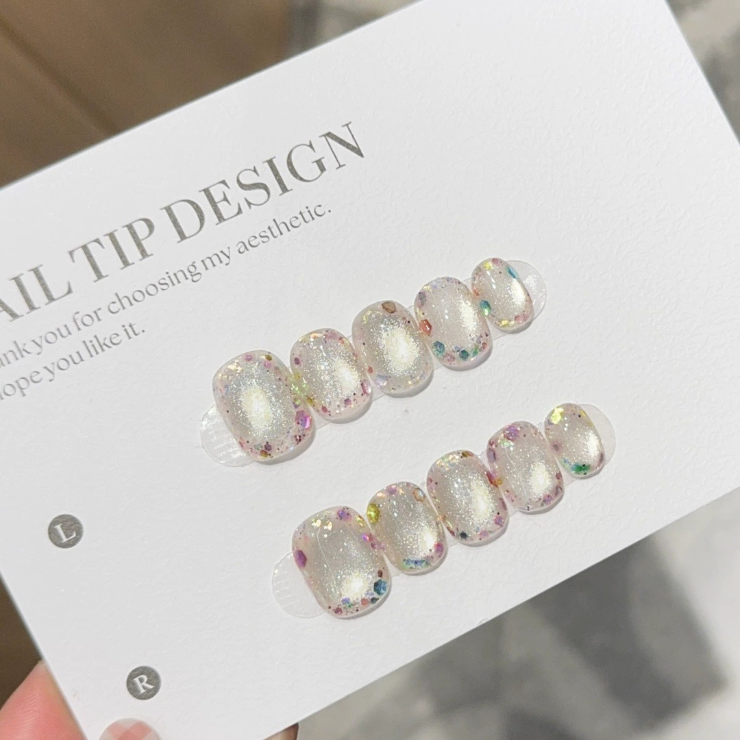 Nail Art Cat Eye - 10pcs Short Summer Colorful Gemstone Fake