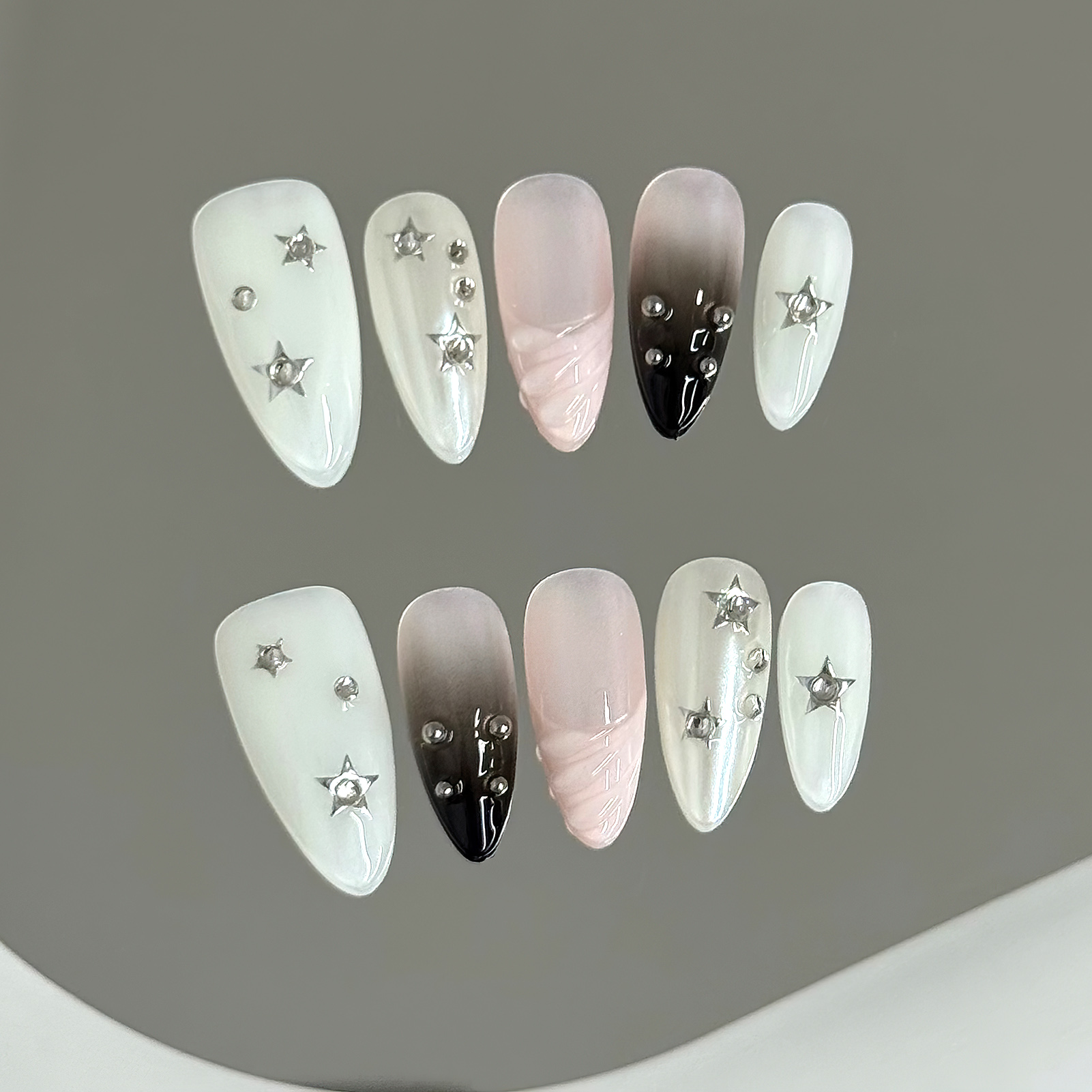 Nail Art Gliter - 10pcs Almond Fake Nails Star Glitter