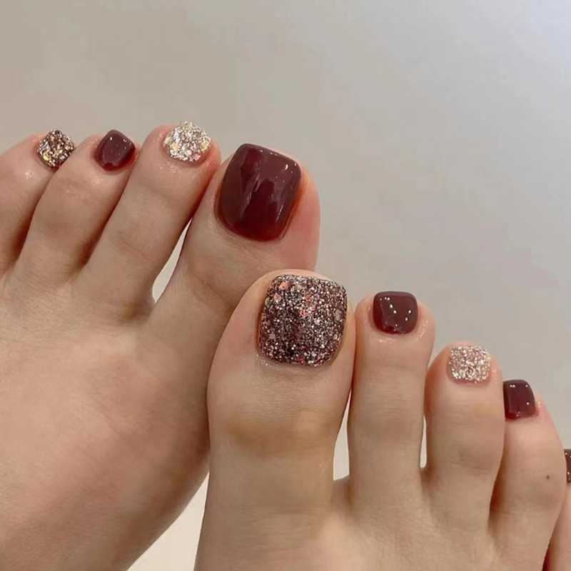 Nail Art Gliter - 24pcs Wine Red Short Square Head
